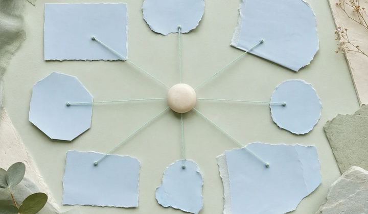 Mint threads connecting a single ivory source object to several pale blue paper forms, arranged as a calm physical evidence map