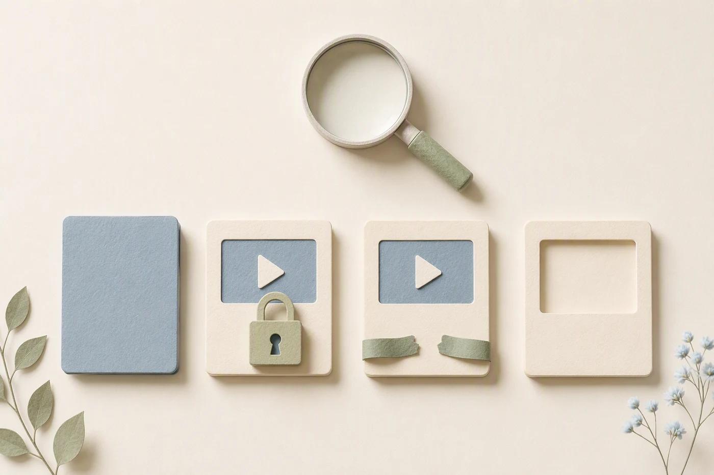 Four video-card states suggest privacy, restriction, broken access, and deletion.