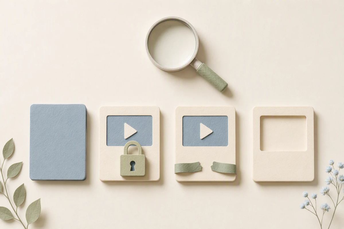 Four video-card states suggest privacy, restriction, broken access, and deletion.