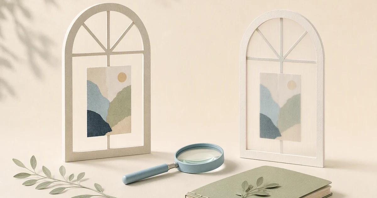 A magnifying glass rests between a clear paper window and a translucent window containing a post card.