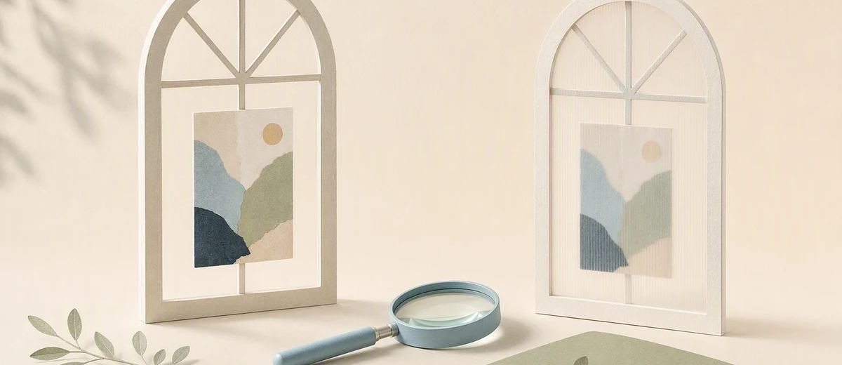 A magnifying glass rests between a clear paper window and a translucent window containing a post card.