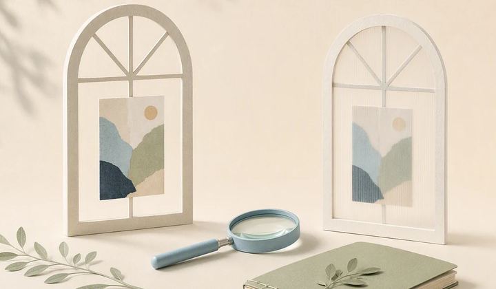 A magnifying glass rests between a clear paper window and a translucent window containing a post card.