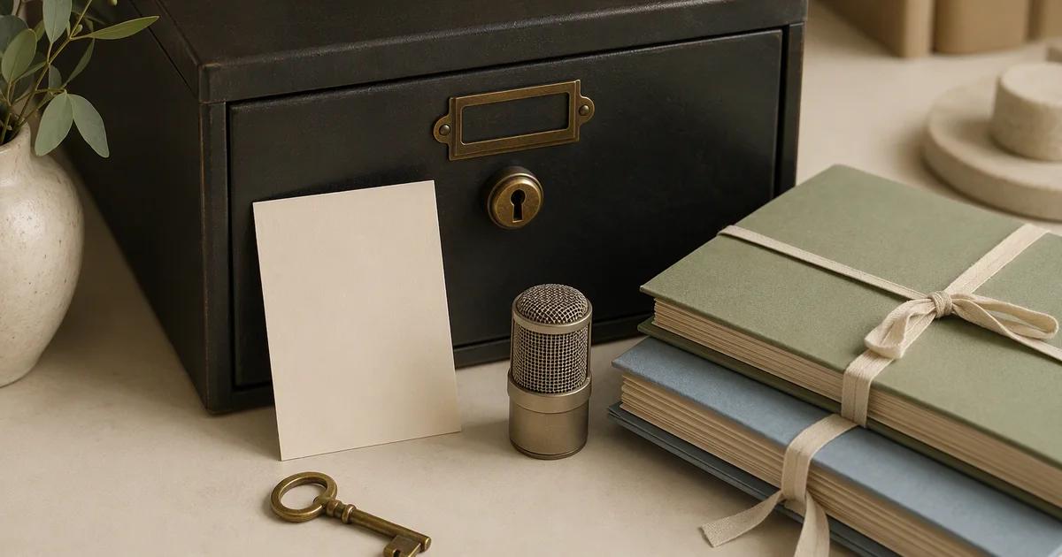 A small microphone and blank card beside tied folders, a lockbox, and a key.