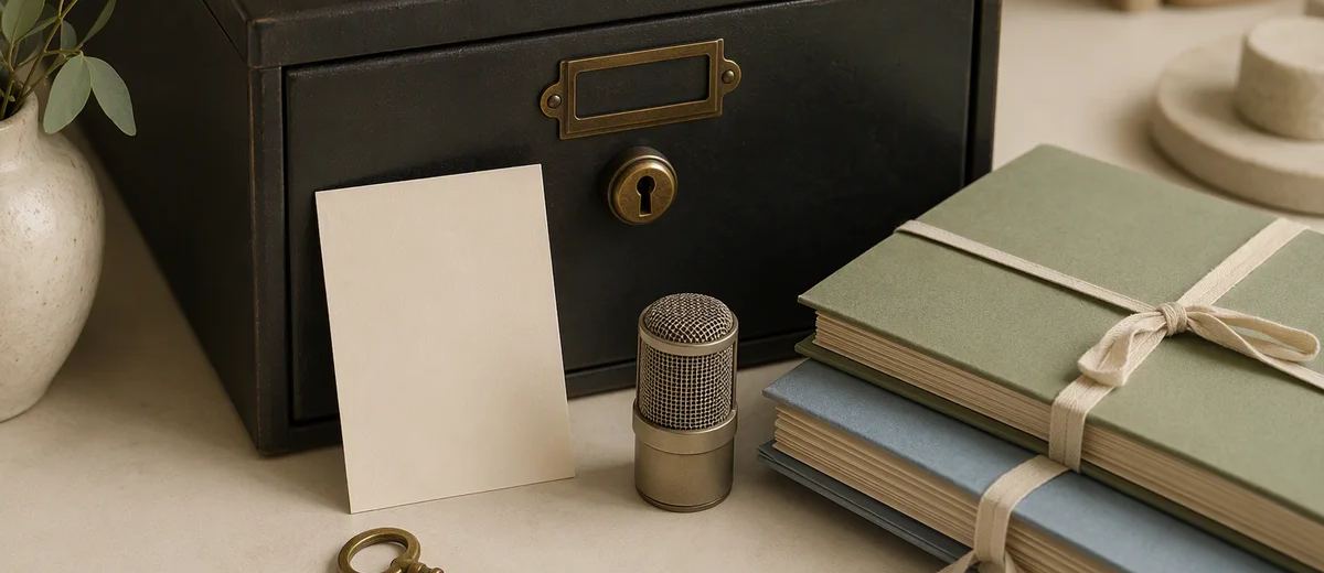 A small microphone and blank card beside tied folders, a lockbox, and a key.