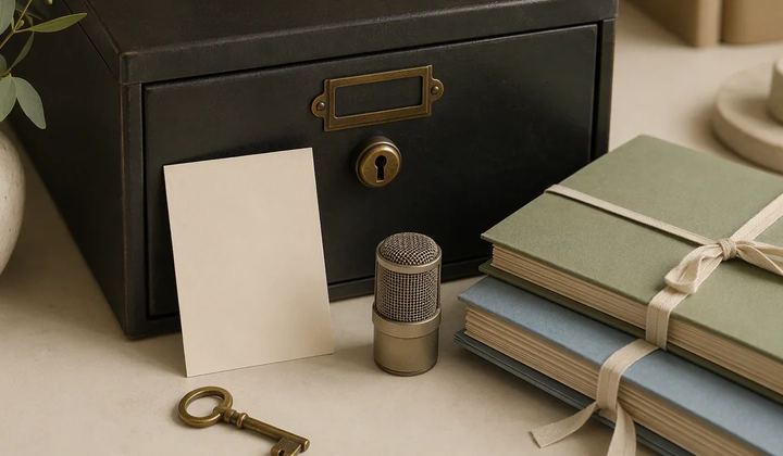 A small microphone and blank card beside tied folders, a lockbox, and a key.