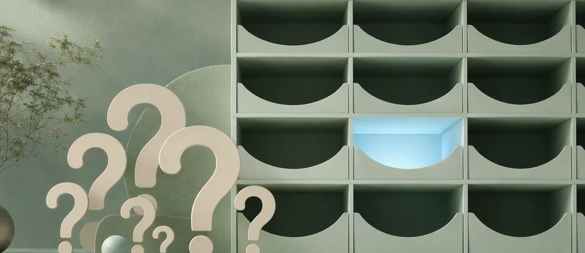 A set of ivory question-shaped abstract cutouts beside a mint filing grid with one empty compartment highlighted by pale blue light