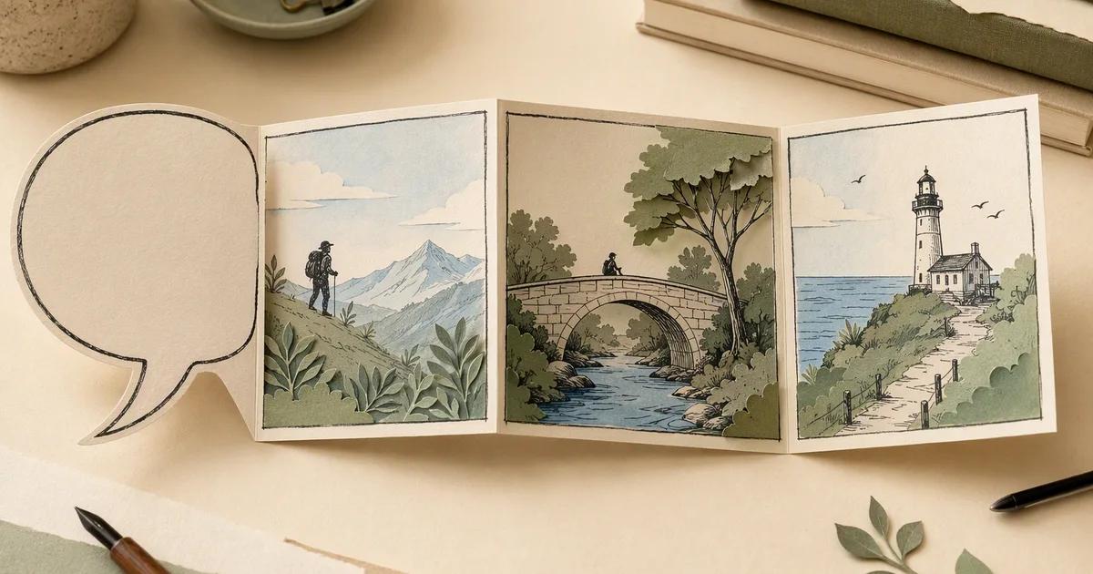 A paper speech bubble opening into a three-panel physical storyboard.