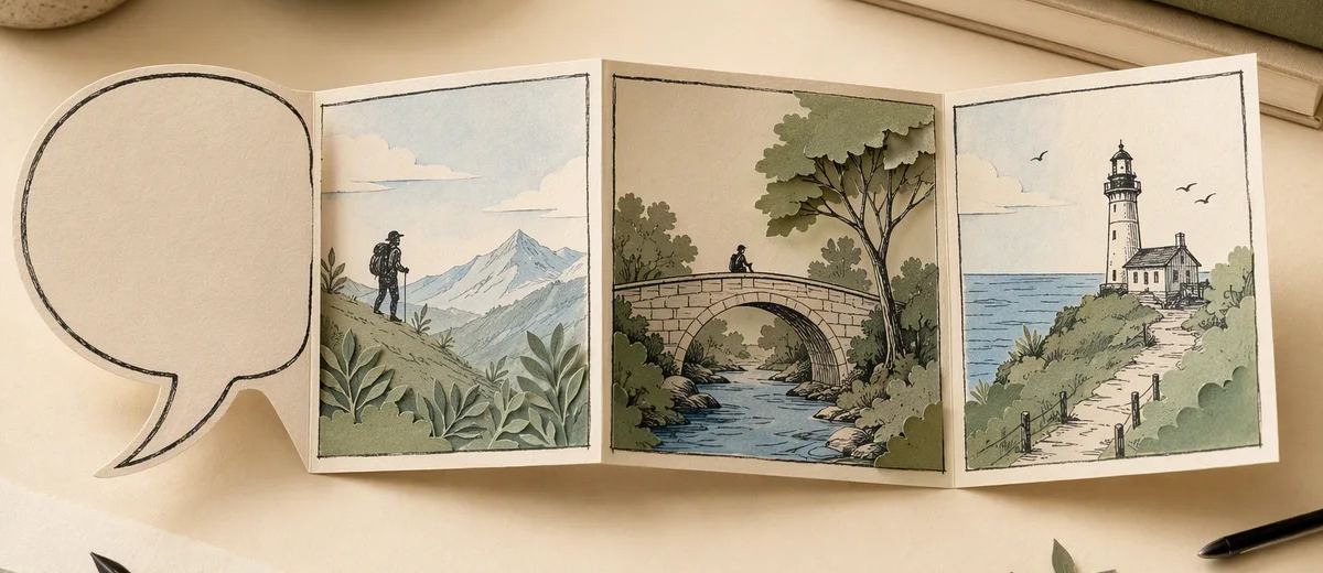 A paper speech bubble opening into a three-panel physical storyboard.