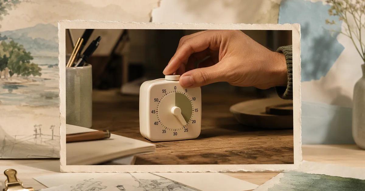 A framed photograph of a hand adjusting a desk timer, surrounded by scenic reference cards.
