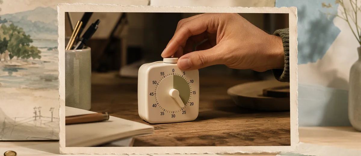 A framed photograph of a hand adjusting a desk timer, surrounded by scenic reference cards.