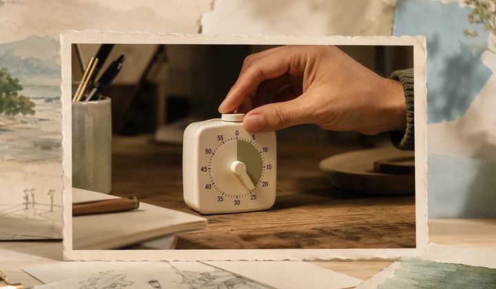 A framed photograph of a hand adjusting a desk timer, surrounded by scenic reference cards.