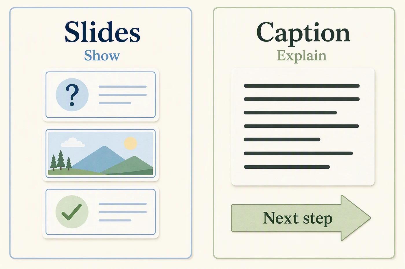 Diagram separates the jobs of carousel slides and a caption, connected by a shared main idea.