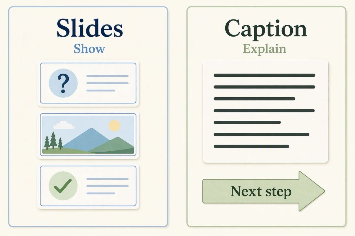 Diagram separates the jobs of carousel slides and a caption, connected by a shared main idea.