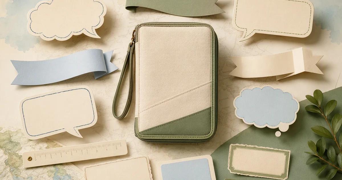 Different speech ribbons and measurement tools surround one travel organizer.