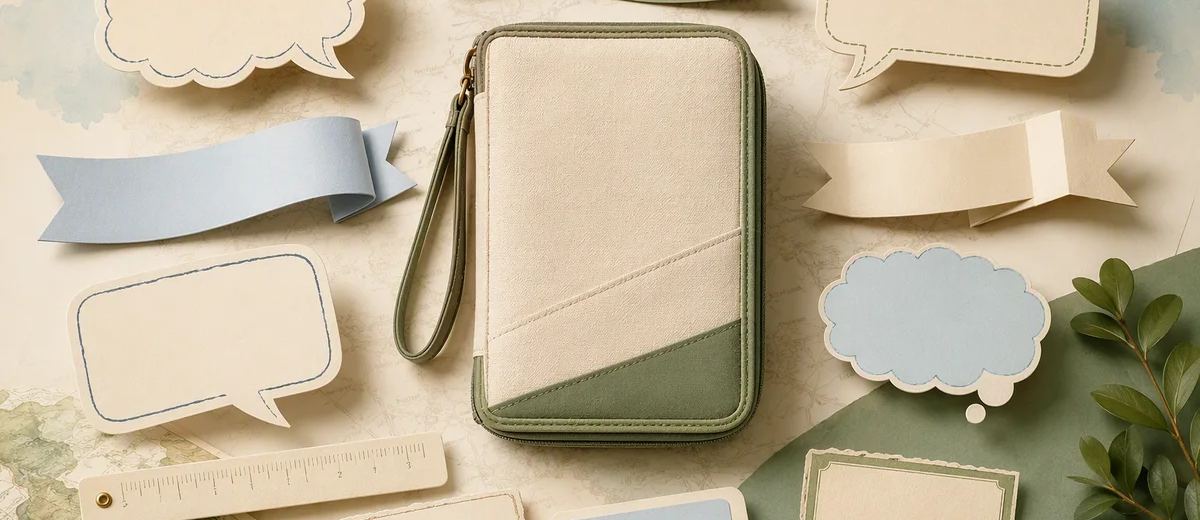 Different speech ribbons and measurement tools surround one travel organizer.