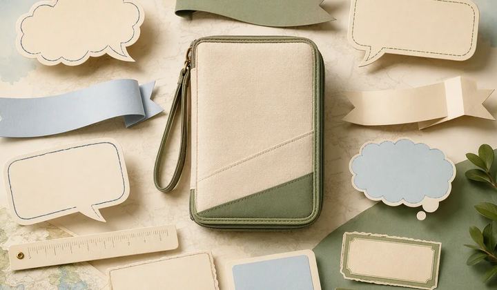 Different speech ribbons and measurement tools surround one travel organizer.