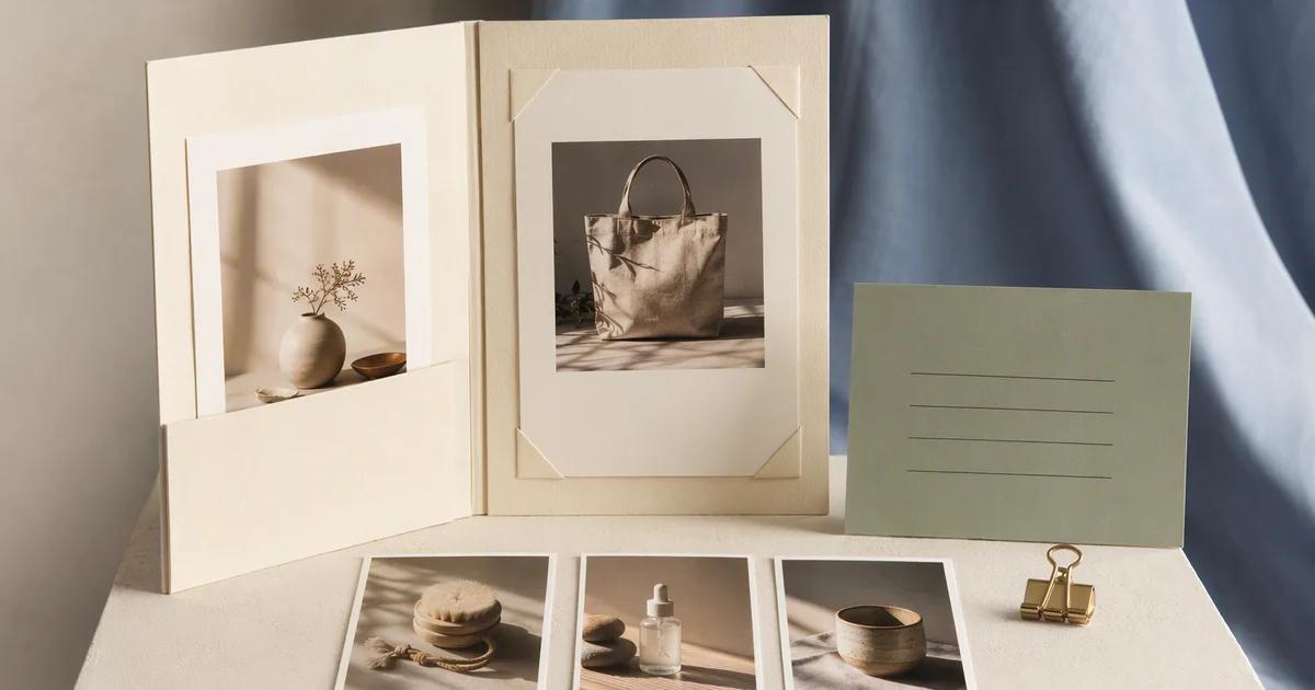 An open portfolio holds product photographs beside a sage information card and loose image samples.