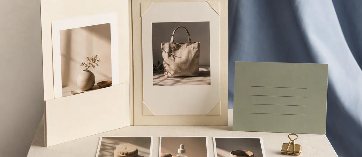 An open portfolio holds product photographs beside a sage information card and loose image samples.