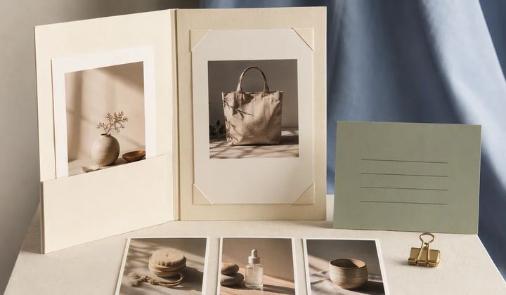 An open portfolio holds product photographs beside a sage information card and loose image samples.