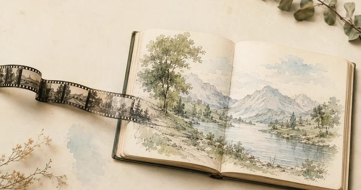 A narrow strip of photographic frames leading into an open illustrated book.
