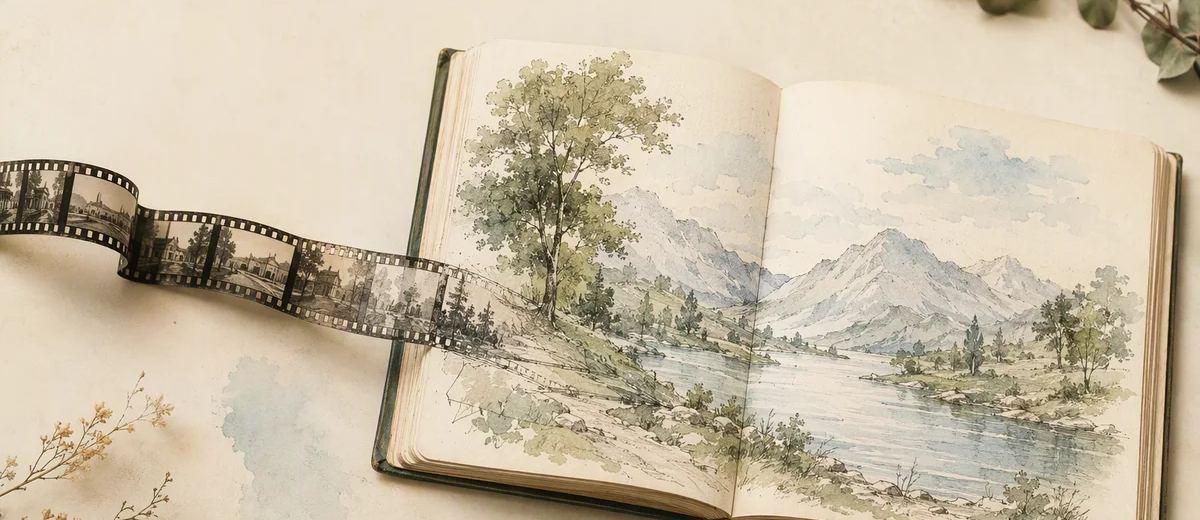 A narrow strip of photographic frames leading into an open illustrated book.