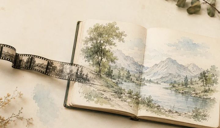 A narrow strip of photographic frames leading into an open illustrated book.