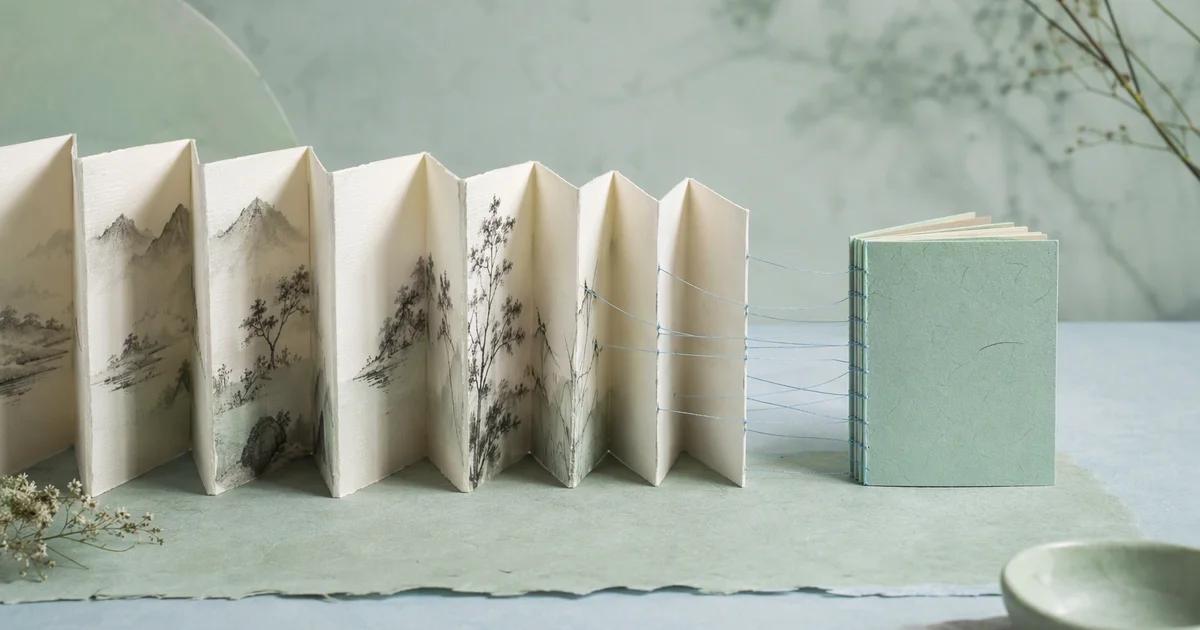 A large ivory accordion book narrowing into a compact mint booklet while several pale blue threads remain visibly connected between them