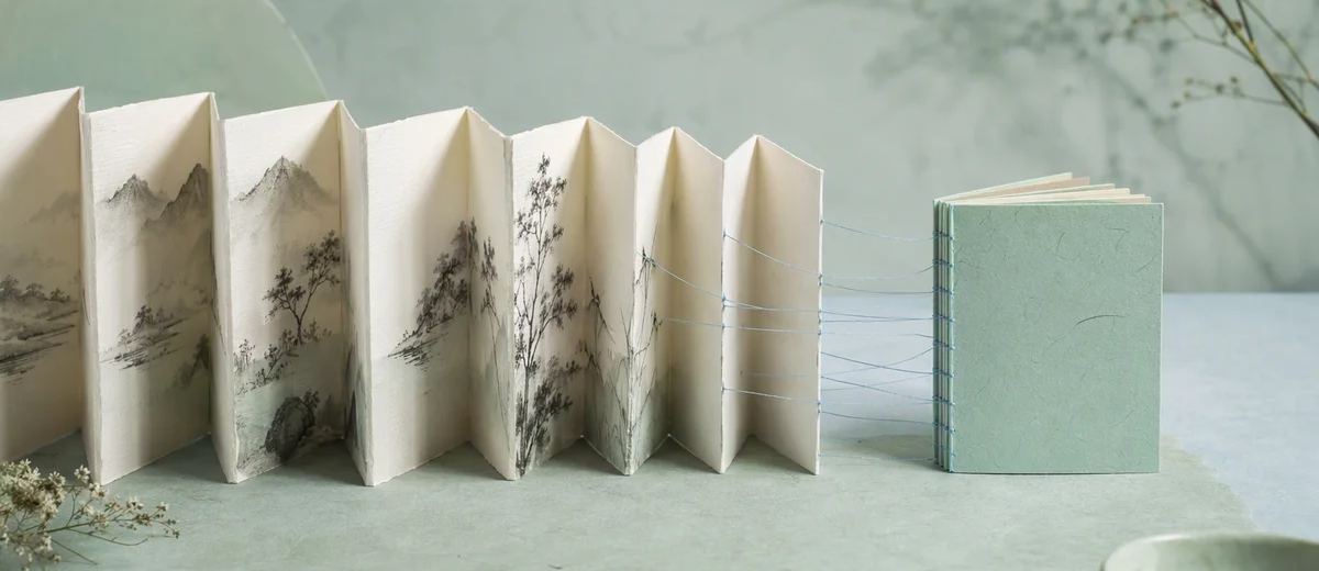 A large ivory accordion book narrowing into a compact mint booklet while several pale blue threads remain visibly connected between them