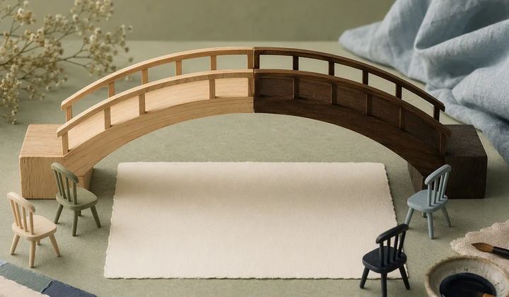 A two-tone wooden model bridge spans a blank card surrounded by miniature chairs.
