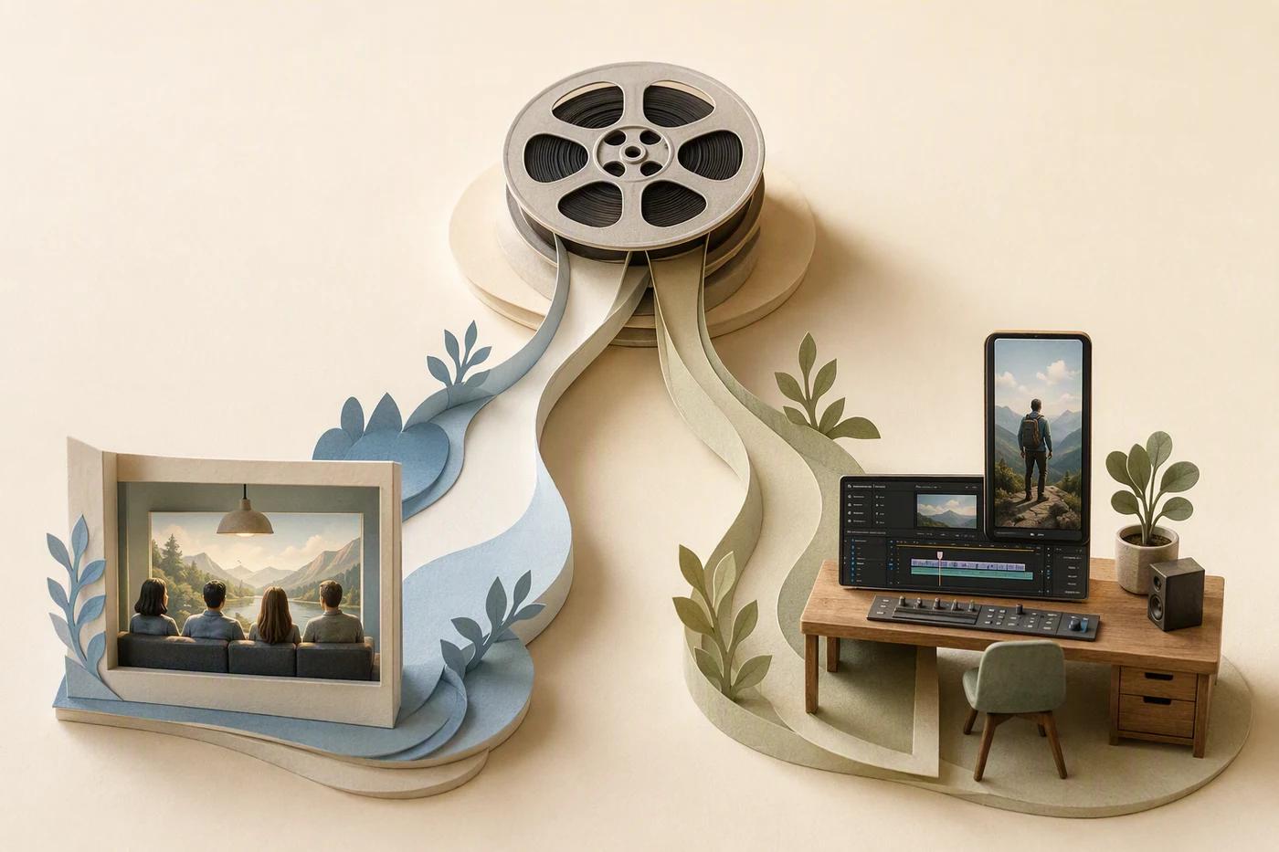 One source branches into a linked segment and a separately edited vertical video.