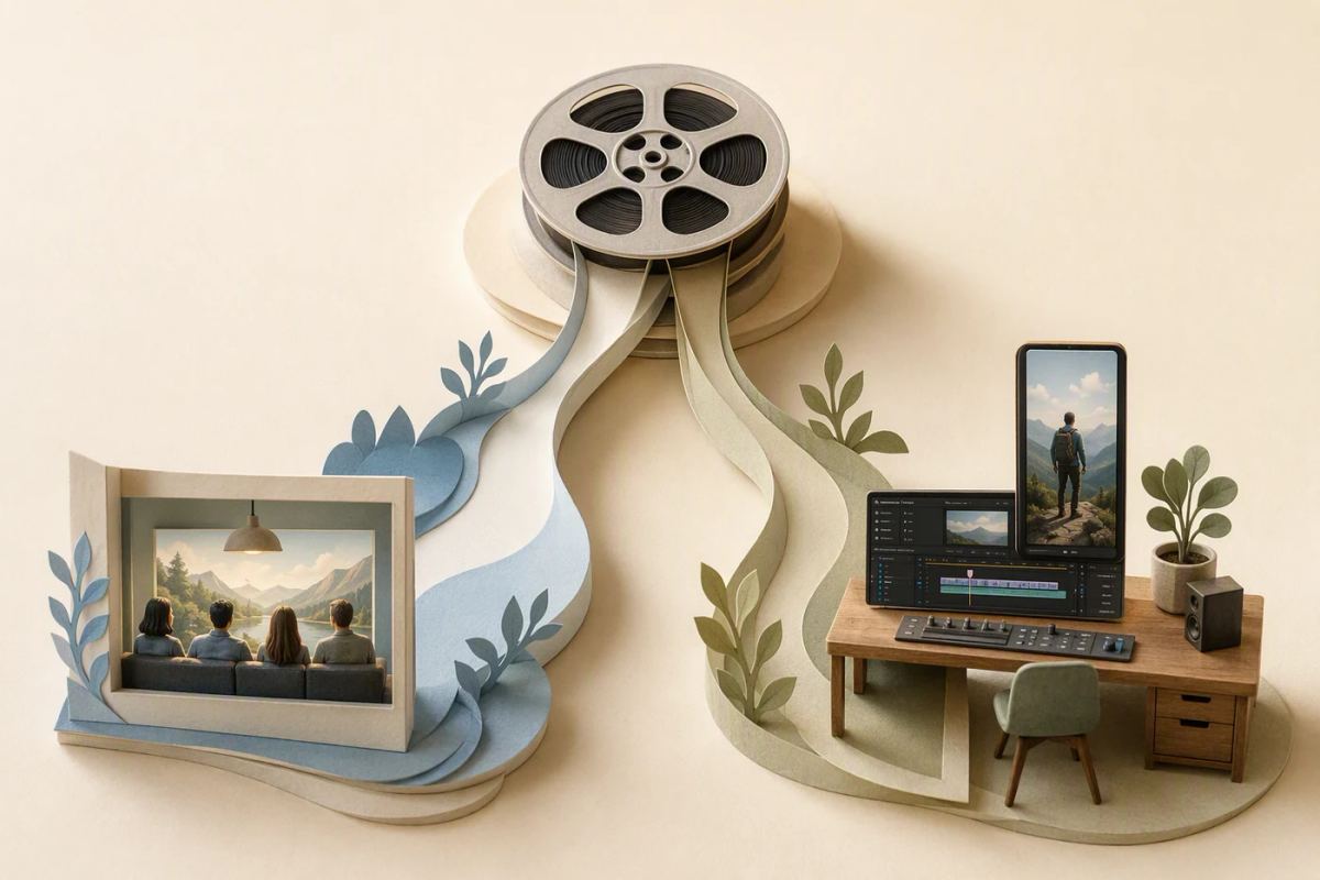 One source branches into a linked segment and a separately edited vertical video.