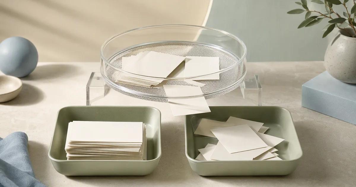 A transparent sieve separating blank image cards into two trays.