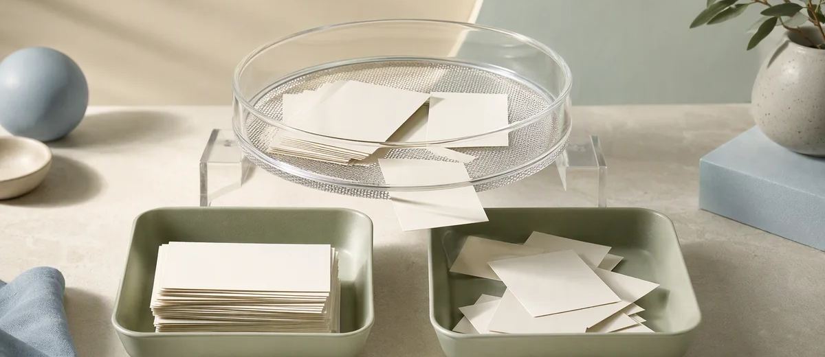 A transparent sieve separating blank image cards into two trays.