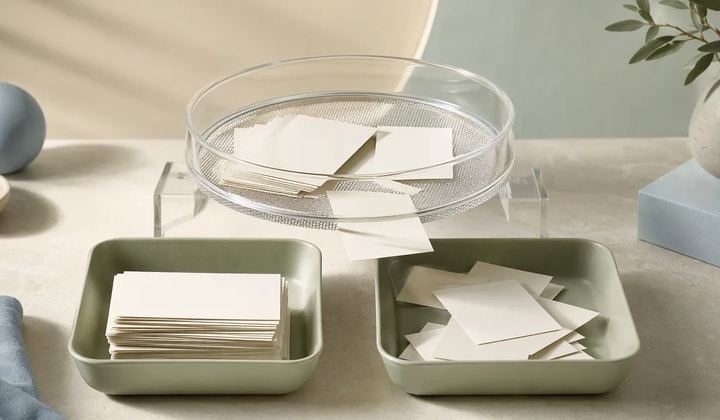 A transparent sieve separating blank image cards into two trays.
