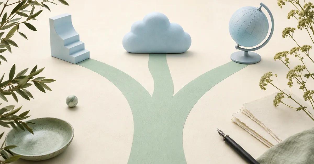 Three mint pathways branching across an ivory workspace toward distinct pale blue objects, each path cleanly separated and purposeful