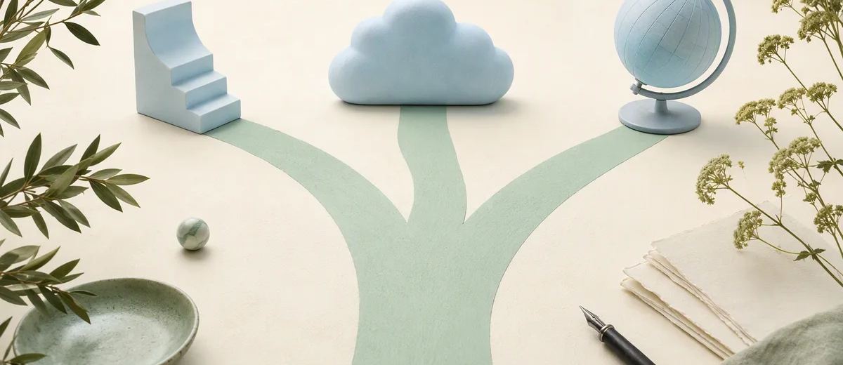 Three mint pathways branching across an ivory workspace toward distinct pale blue objects, each path cleanly separated and purposeful