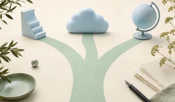 Three mint pathways branching across an ivory workspace toward distinct pale blue objects, each path cleanly separated and purposeful