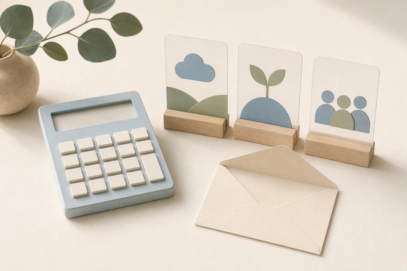 A calculator and assumption cards sit beside an estimate envelope.