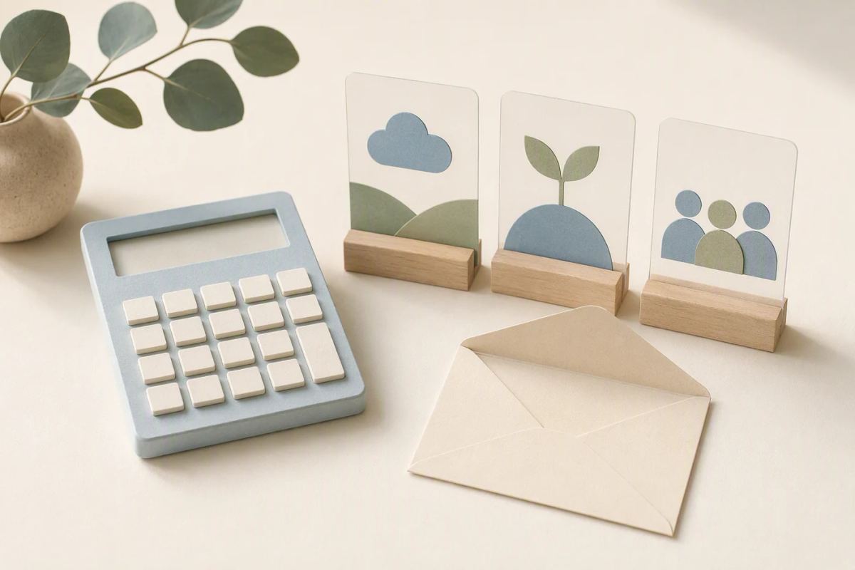A calculator and assumption cards sit beside an estimate envelope.