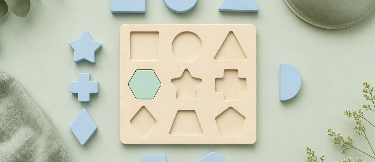 Geometric pieces and a matching stencil illustrating schema validation.