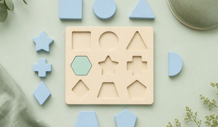 Geometric pieces and a matching stencil illustrating schema validation.