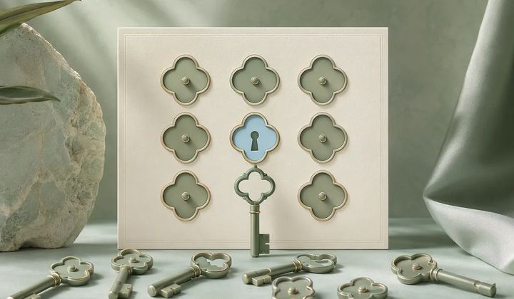 One fitted key and several closed apertures illustrating minimum necessary access.