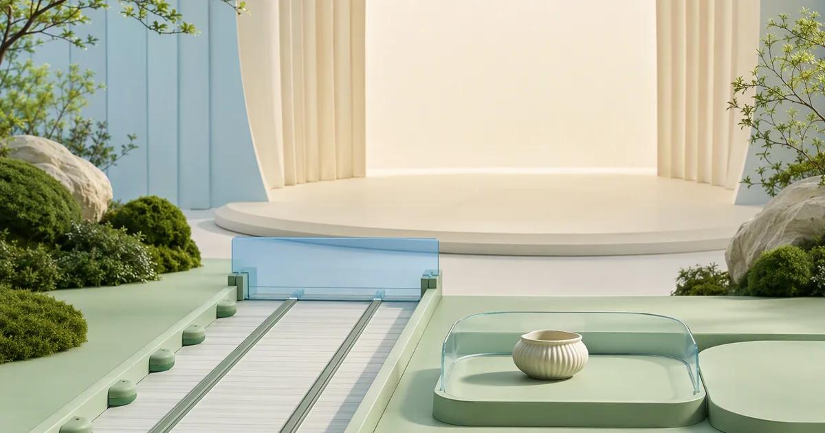 A mint track stops at a transparent blue barrier before an ivory stage, beside a small ceramic object in a clear tray.