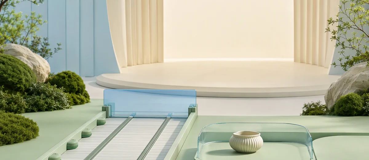 A mint track stops at a transparent blue barrier before an ivory stage, beside a small ceramic object in a clear tray.