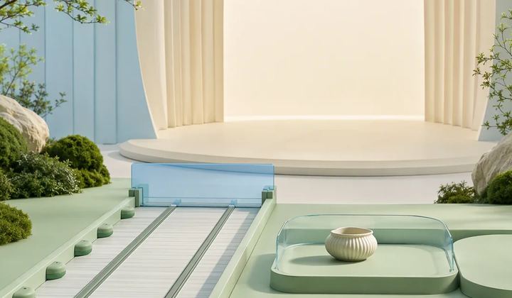 A mint track stops at a transparent blue barrier before an ivory stage, beside a small ceramic object in a clear tray.