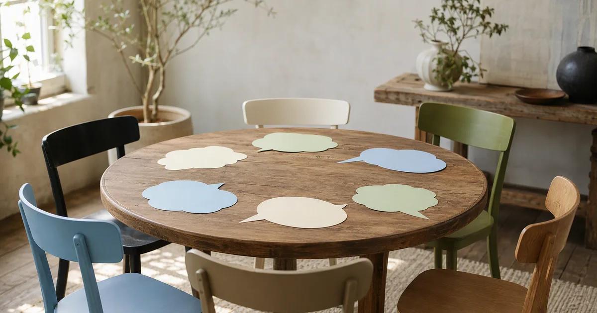 An intimate round table with empty chairs and paper speech-bubble forms.