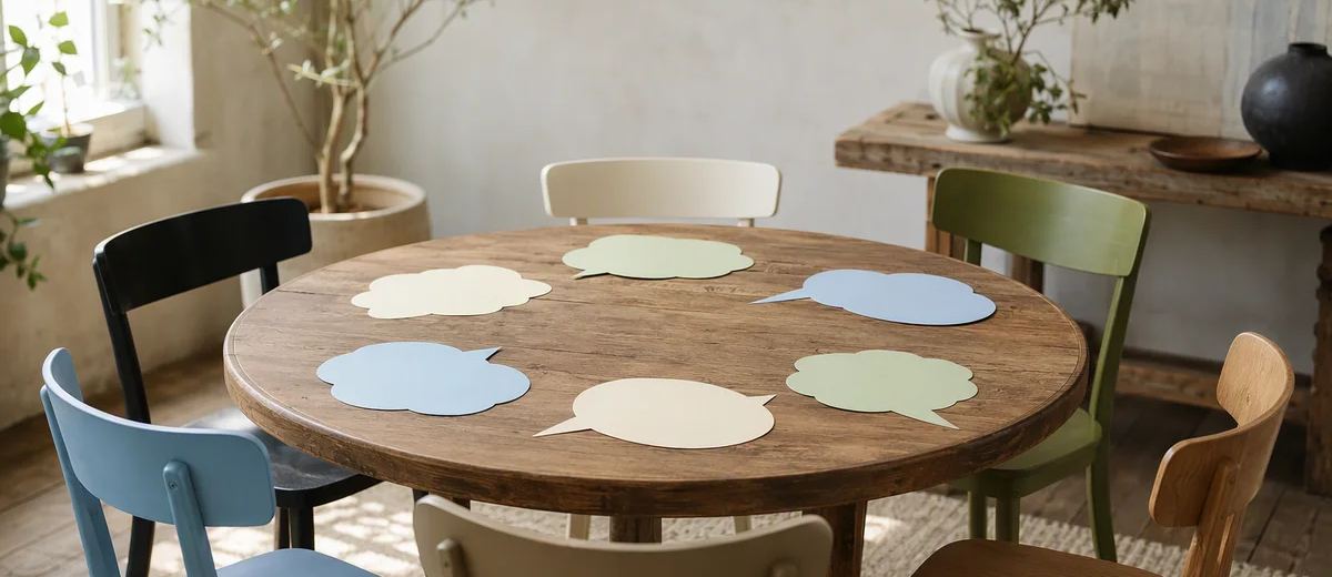 An intimate round table with empty chairs and paper speech-bubble forms.