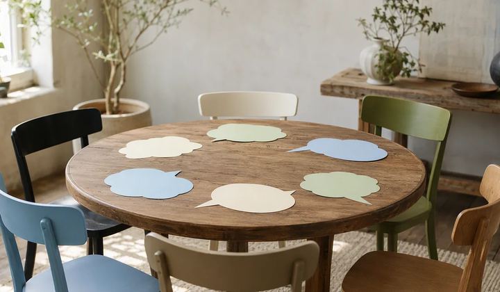 An intimate round table with empty chairs and paper speech-bubble forms.