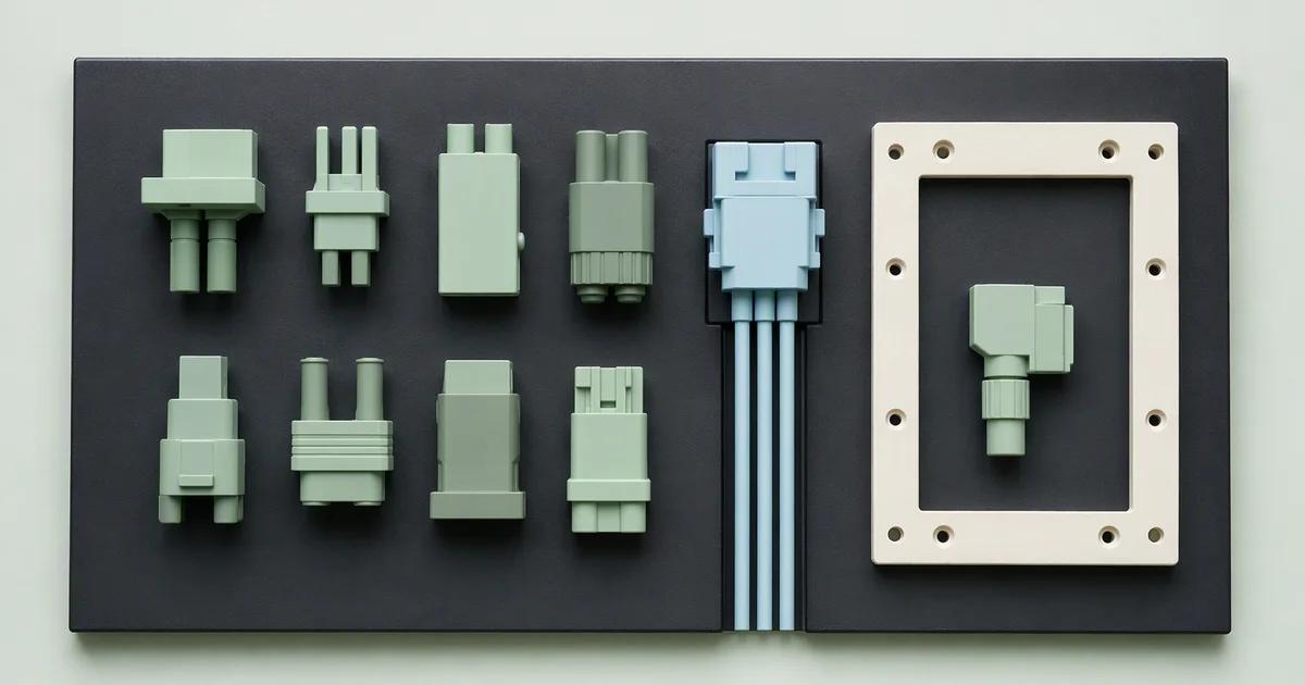 Mint connectors of different shapes sit on an ink board beside a pale blue connector and an ivory inspection frame.