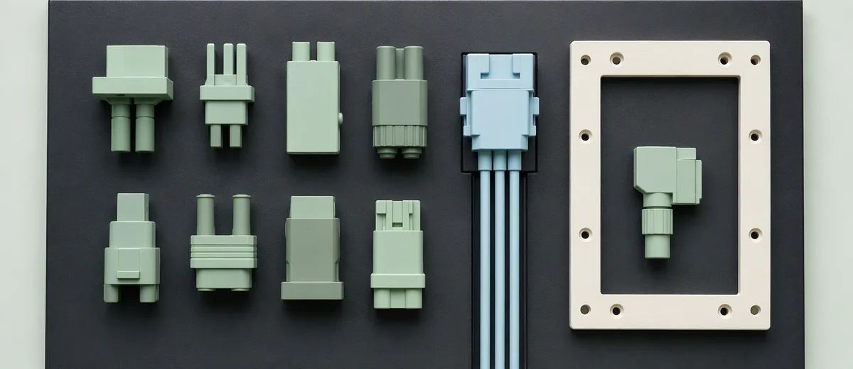 Mint connectors of different shapes sit on an ink board beside a pale blue connector and an ivory inspection frame.